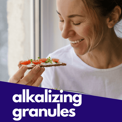 CalciBlend Alkalizing Granules with woman and food